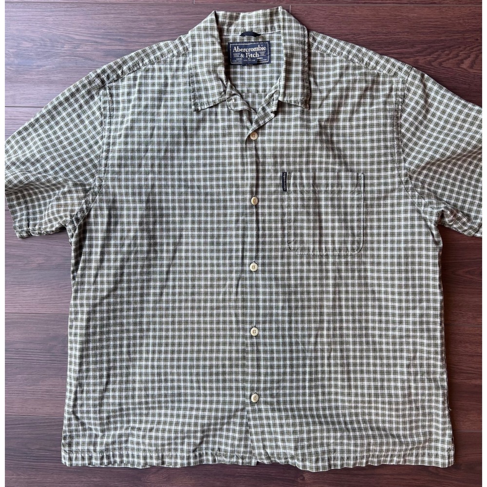 Abercrombie & Fitch Mens XL Short Sleeve Plaid Button Down Shirt Olive Green